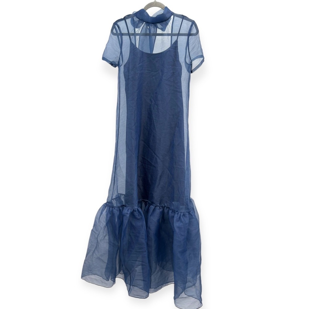 NWT CAARA Melody Tie Neck Organza Ruffle Hem Dress Navy Blue - Size Medium - Picture 4 of 14